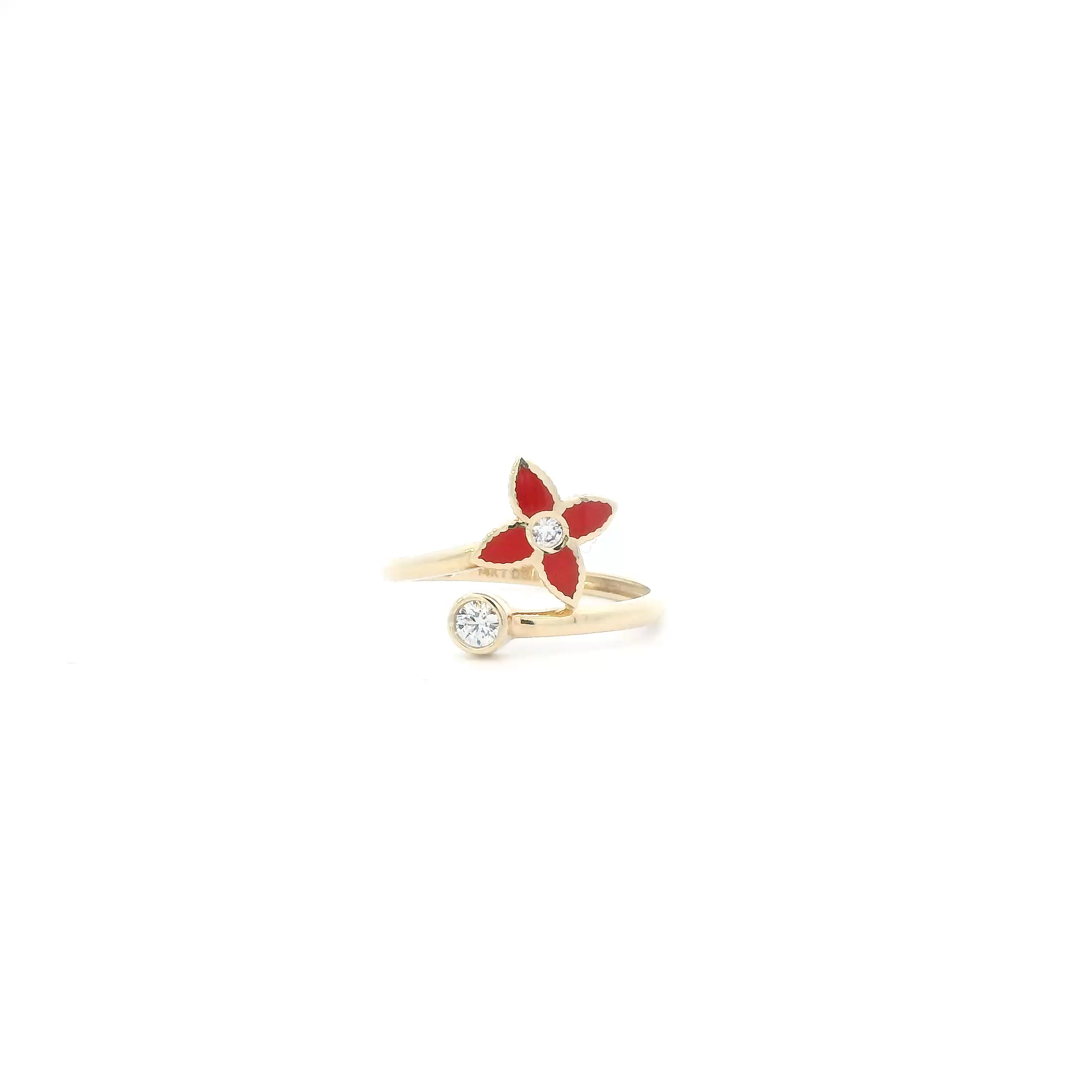 14K Yellow Gold Enamel Flower Womens Ring