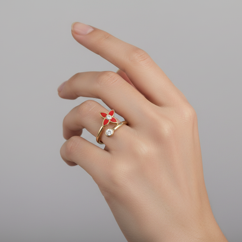 14K Yellow Gold Enamel Flower Womens Ring