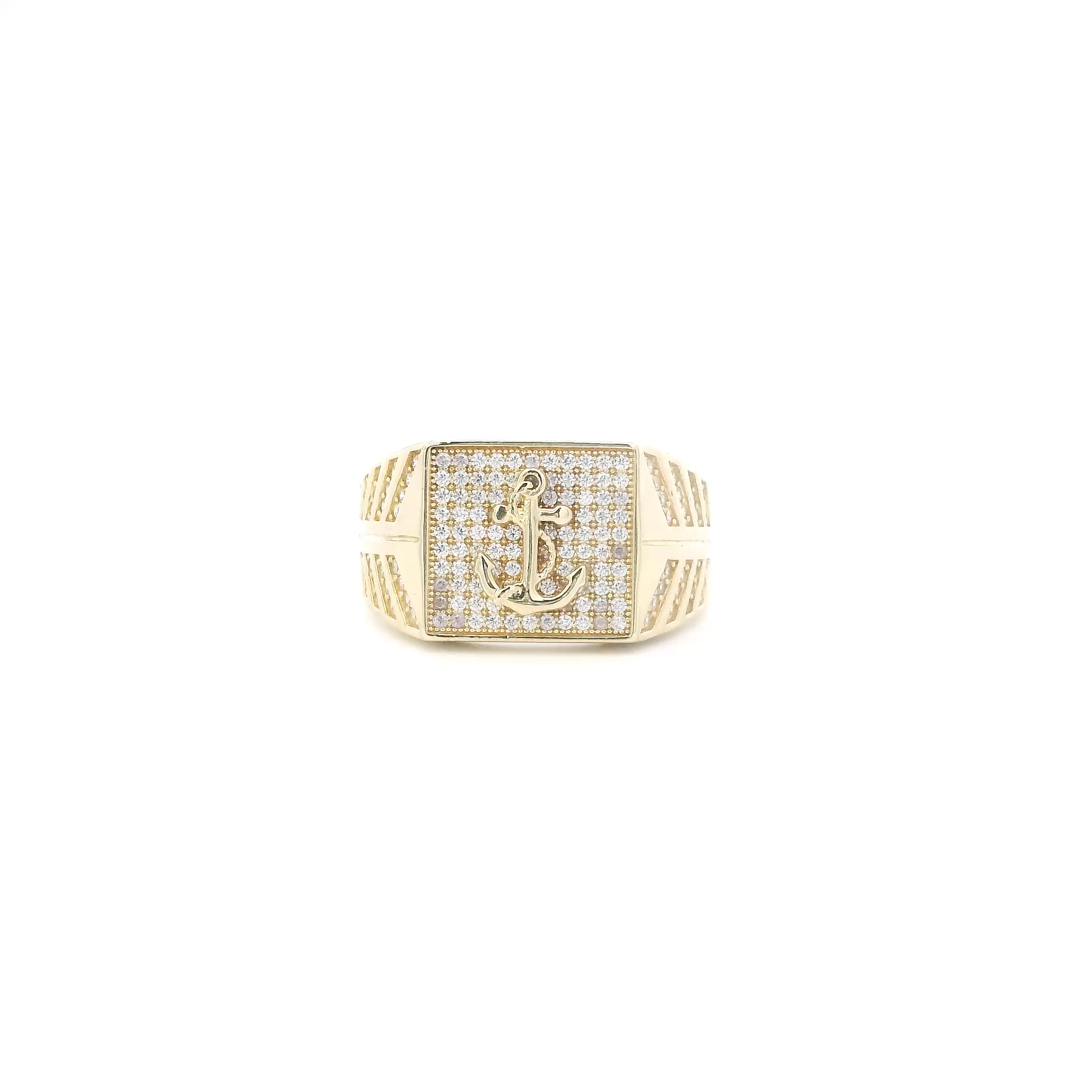 14K Yellow Gold CZ Pave Square Anchor Mens Ring