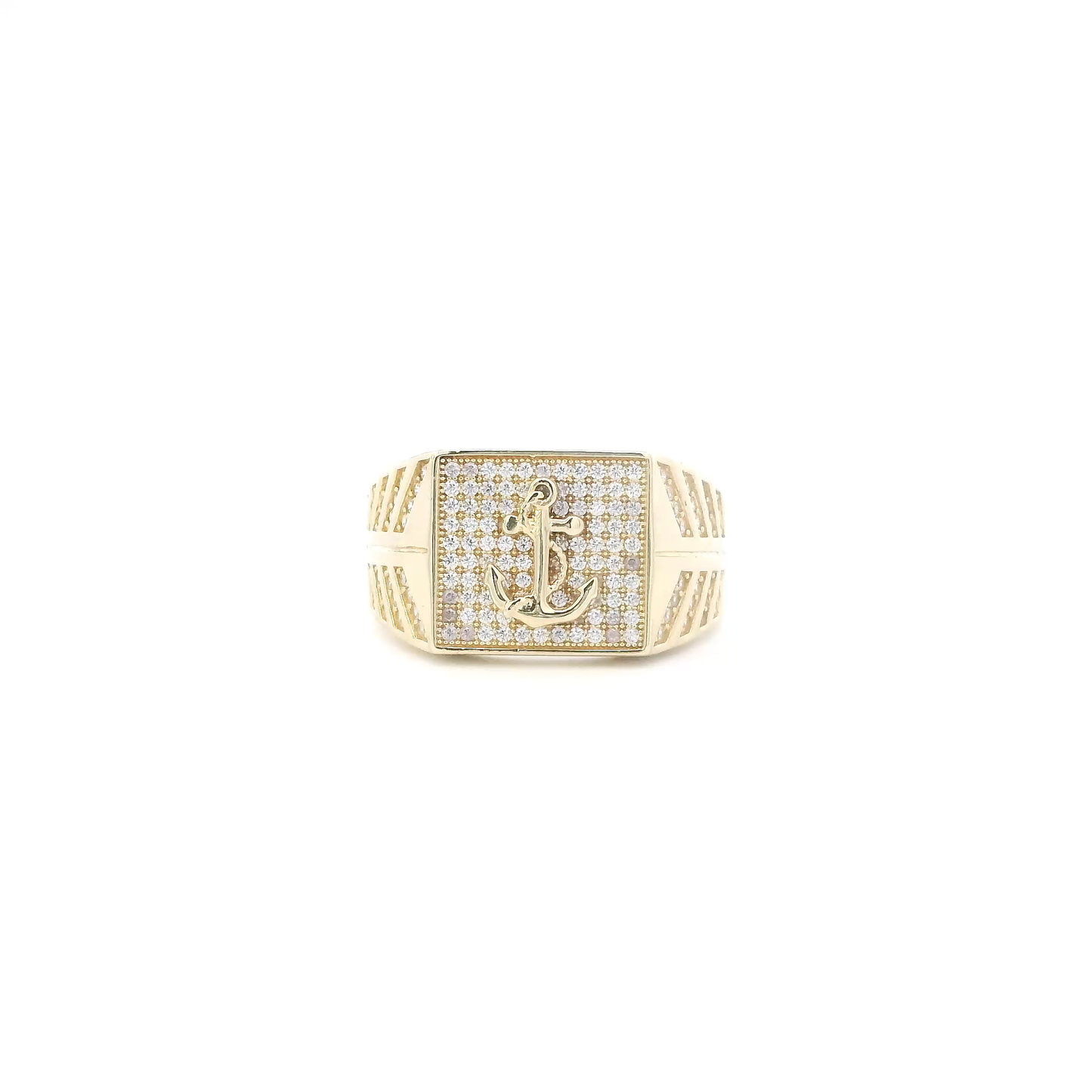 14K Yellow Gold CZ Pave Square Anchor Mens Ring