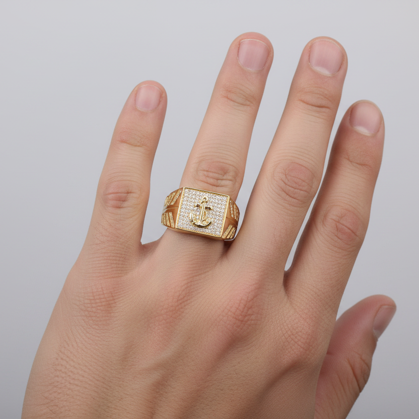 14K Yellow Gold CZ Pave Square Anchor Mens Ring