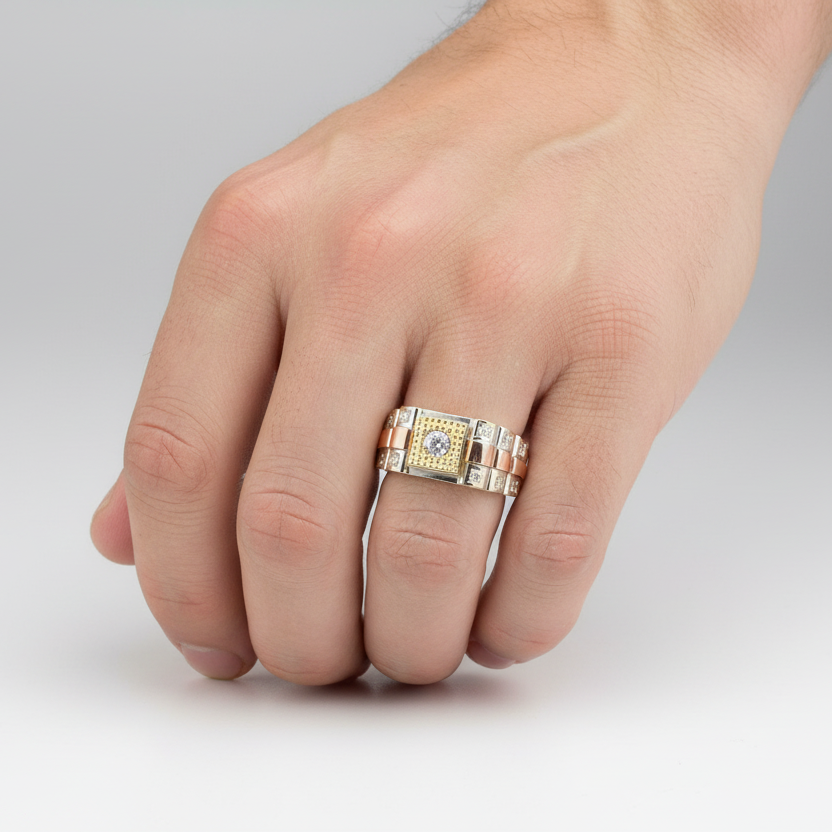 14K Tri Color Gold Rolex Design Mens Ring