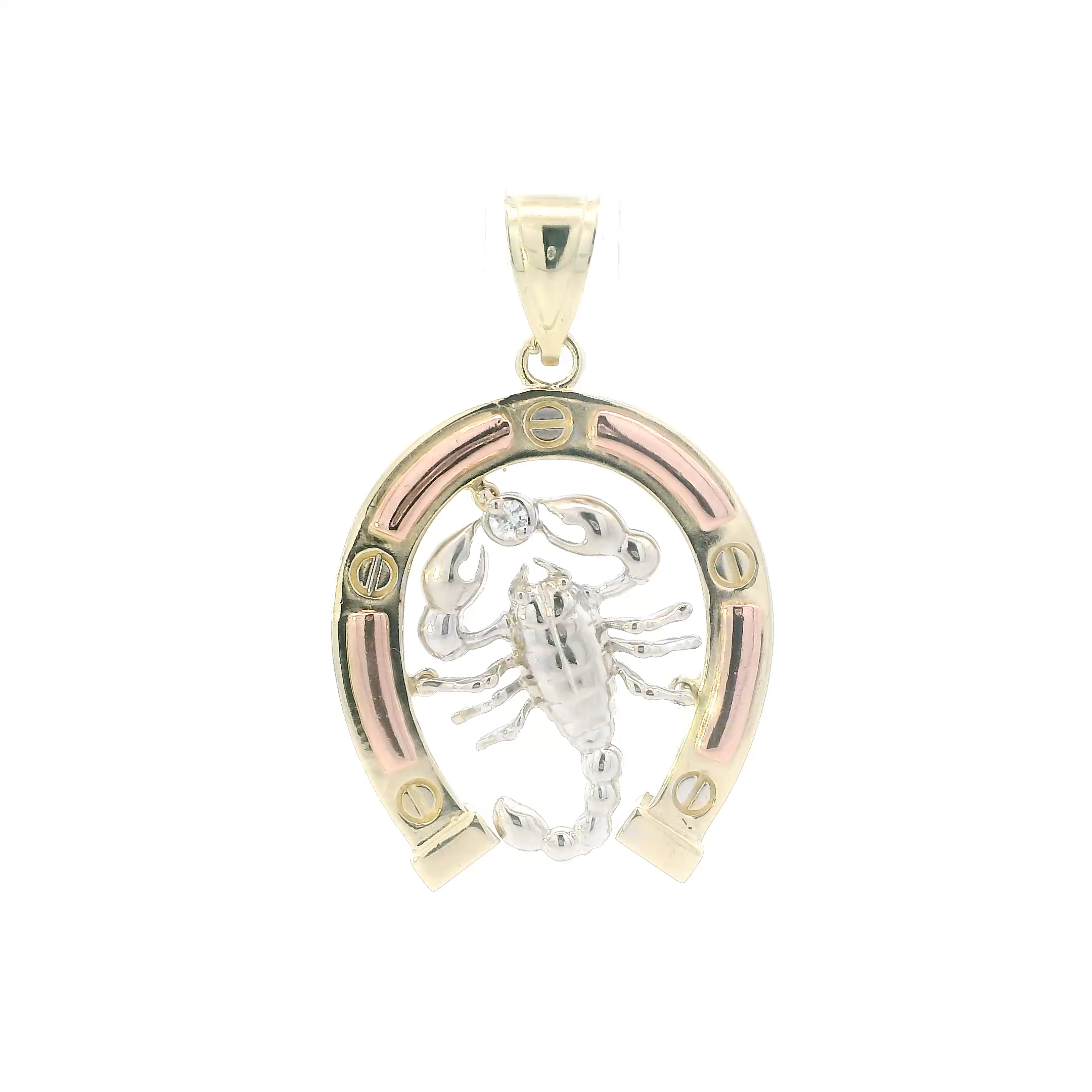 14K Tri Color Gold Horseshoe & Scorpion Pendant