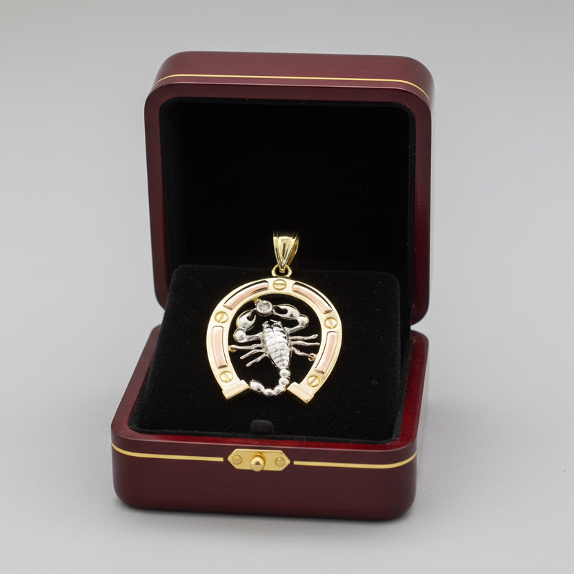 14K Tri Color Gold Horseshoe & Scorpion Pendant