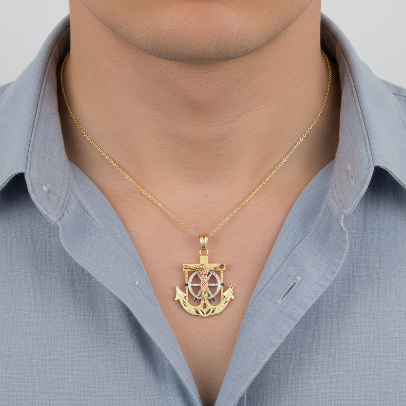 14K Tri Color Gold Religious Anchor Pendant