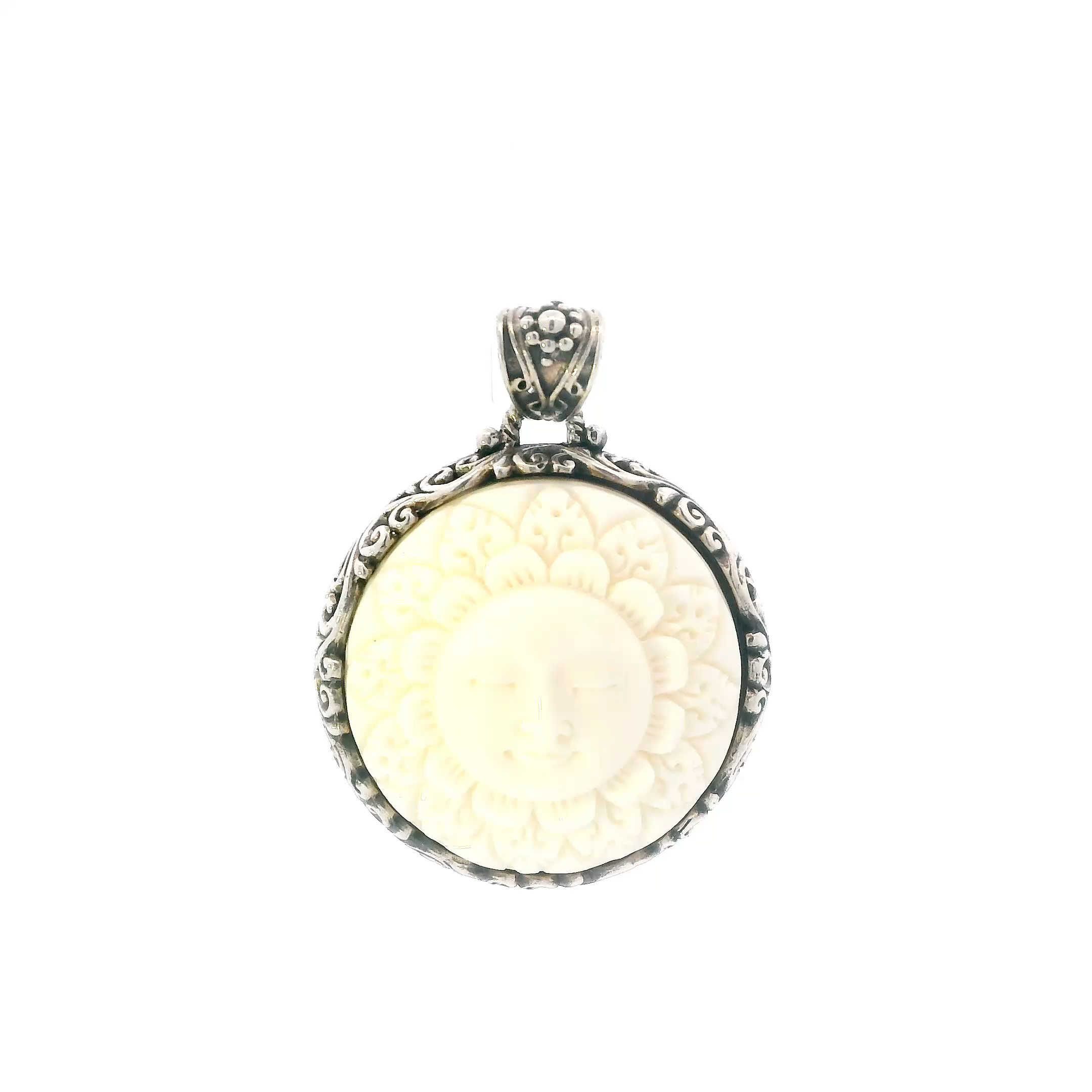 Sterling Silver White Enamel Sun Face Filigree Pendant