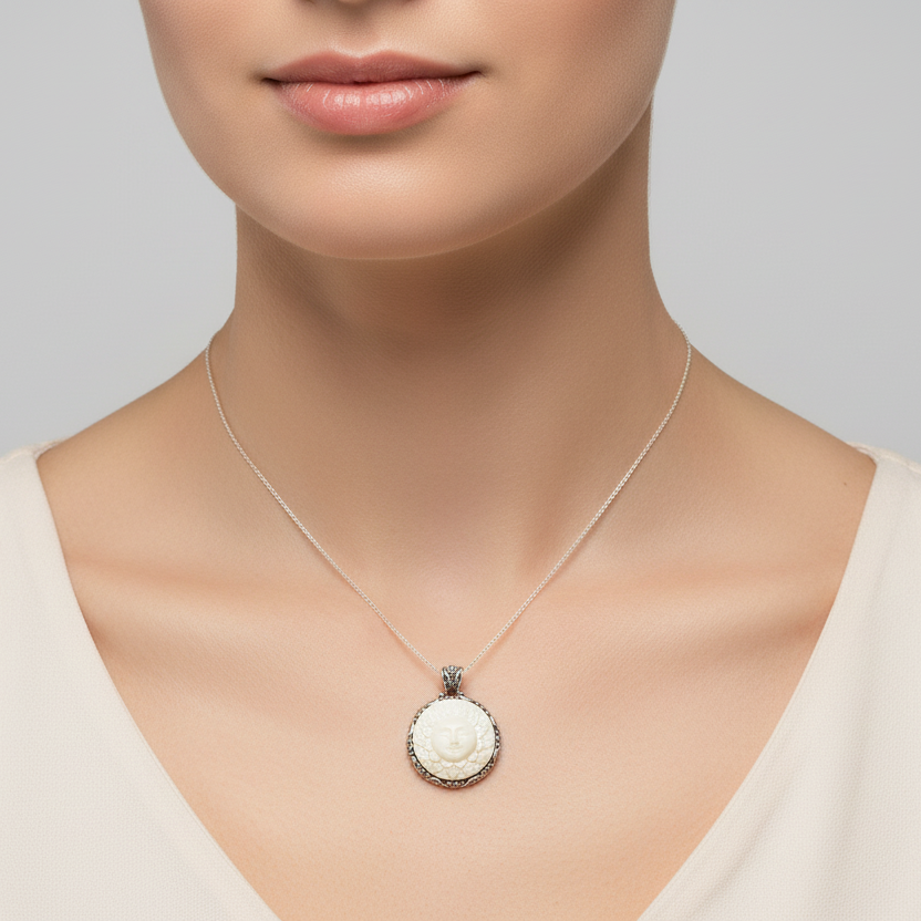 Sterling Silver White Enamel Sun Face Filigree Pendant