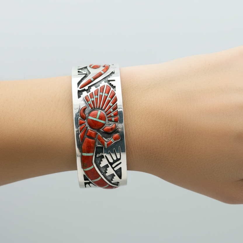 Sterling Silver Santa Fe Coral & Syntetic Opal Cuff Bracelet