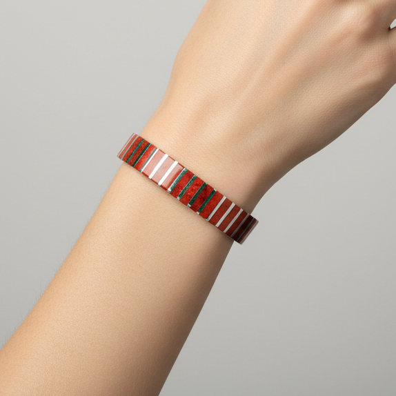 Sterling Silver Coral Cuff Inlay Bracelet
