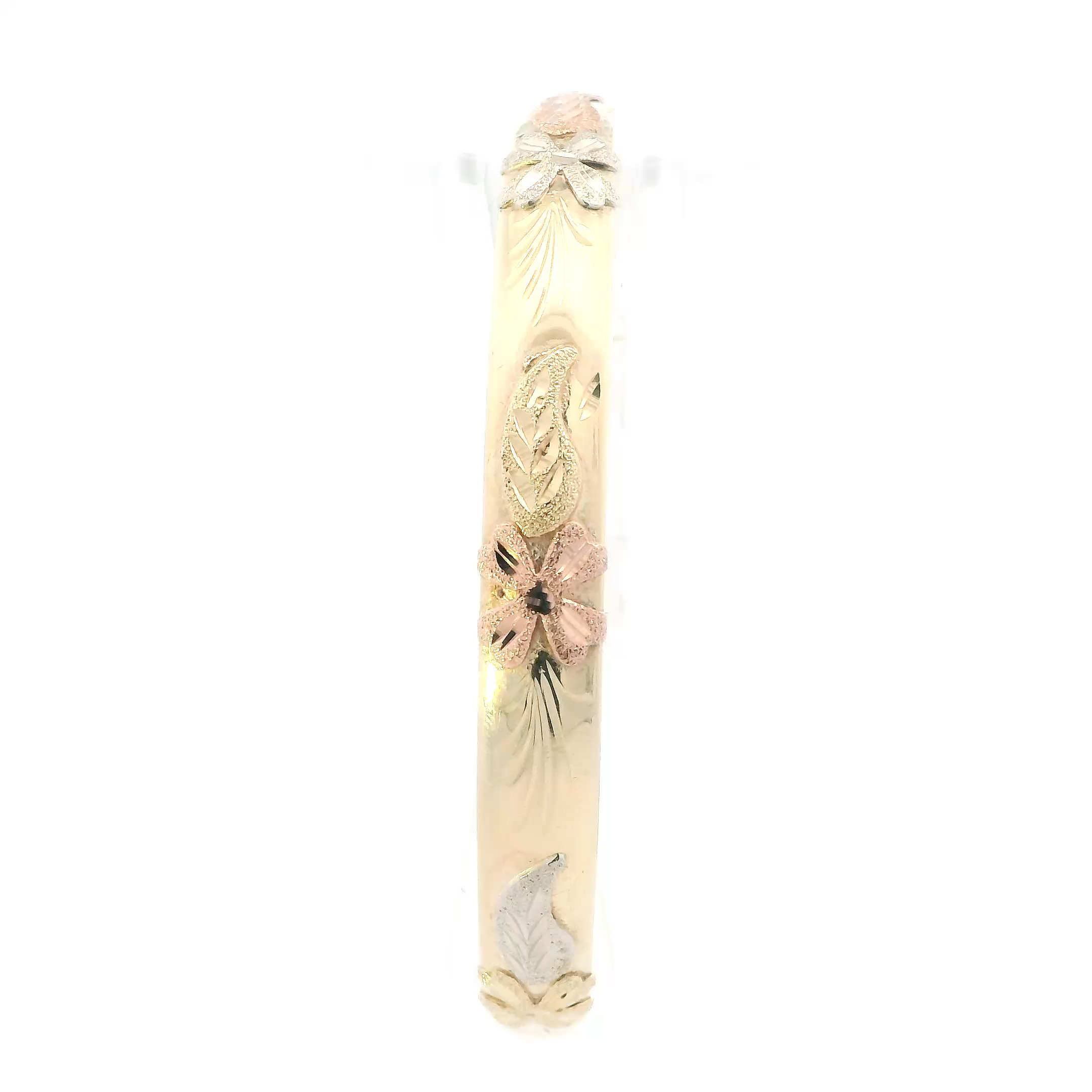 14K Tri Color Gold Textured Flower Design Bangle Bracelet