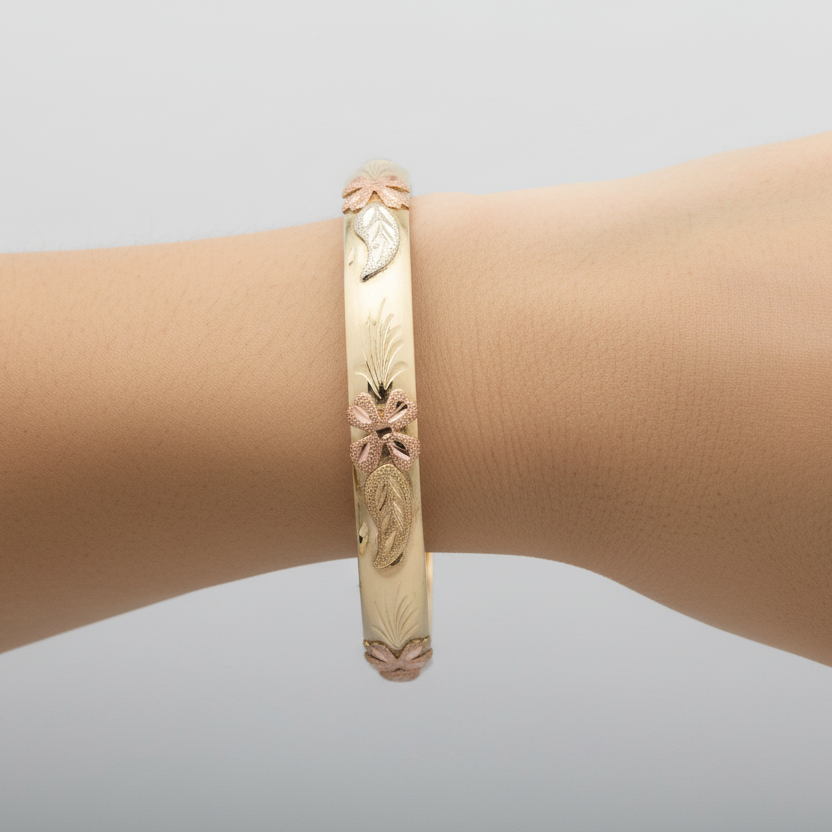14K Tri Color Gold Textured Flower Design Bangle Bracelet