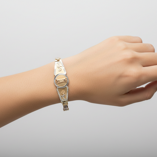 14K Tri Color Gold 7.25" Virgin Mary Bar Link Bracelet