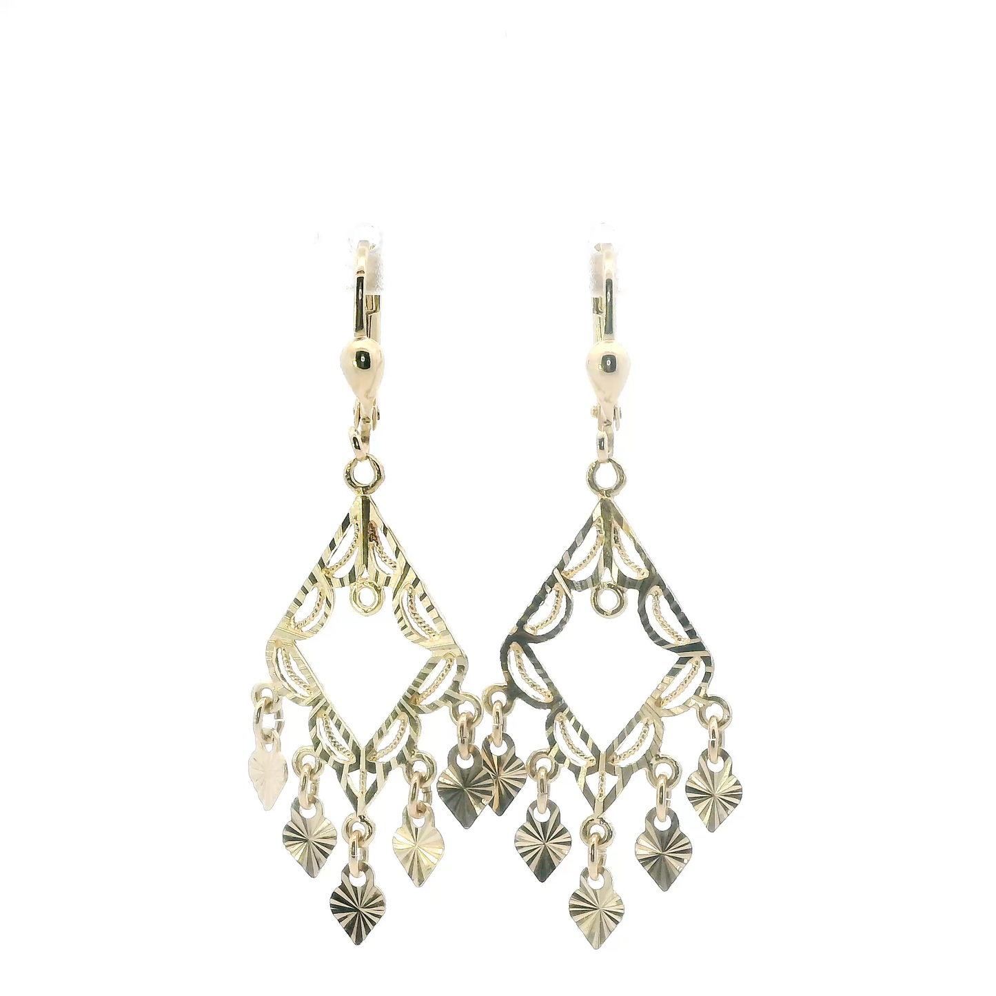 14K Yellow Gold Heart Chandelier Earrings