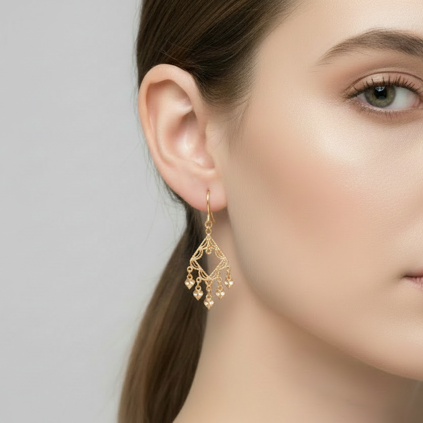 14K Yellow Gold Heart Chandelier Earrings