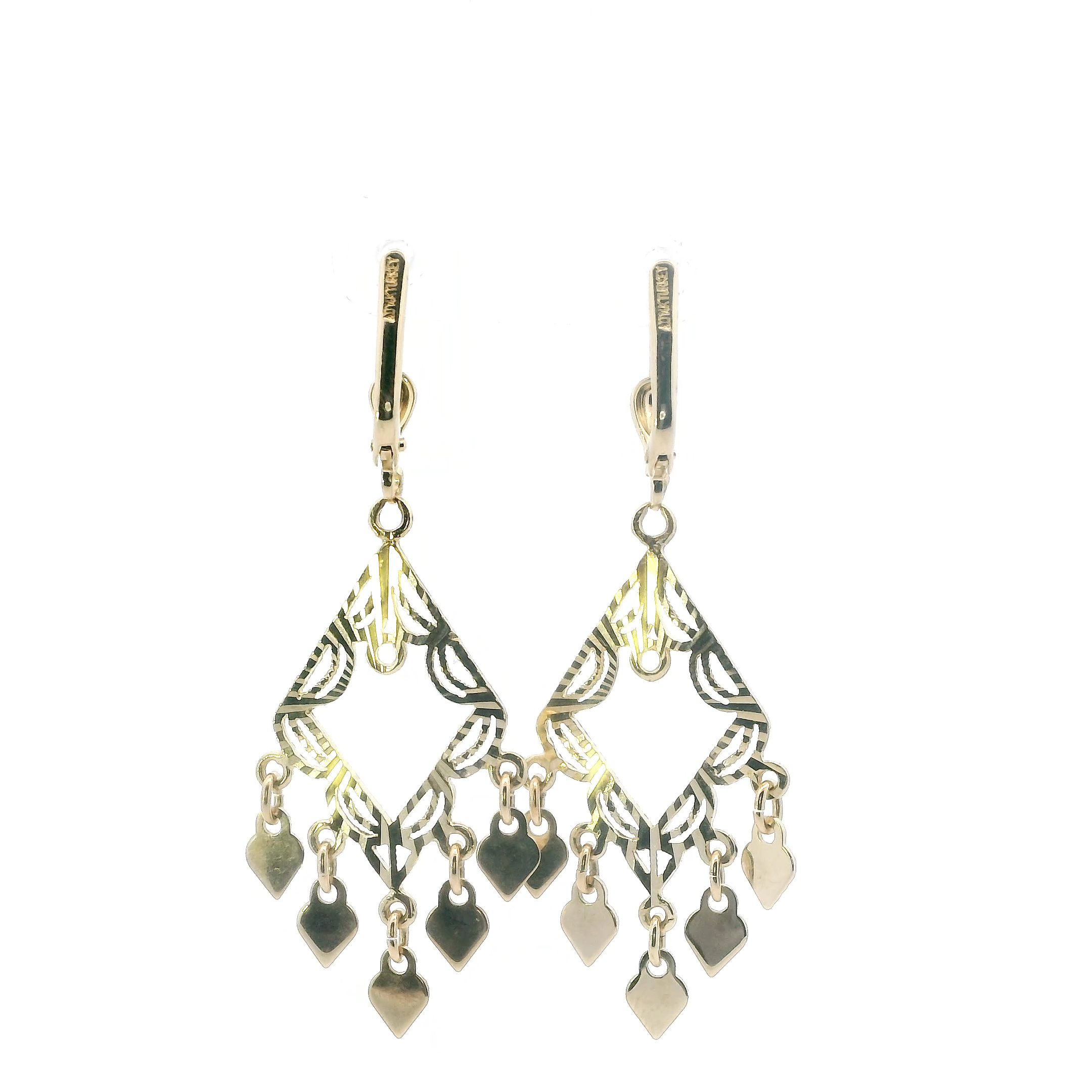 14K Yellow Gold Heart Chandelier Earrings