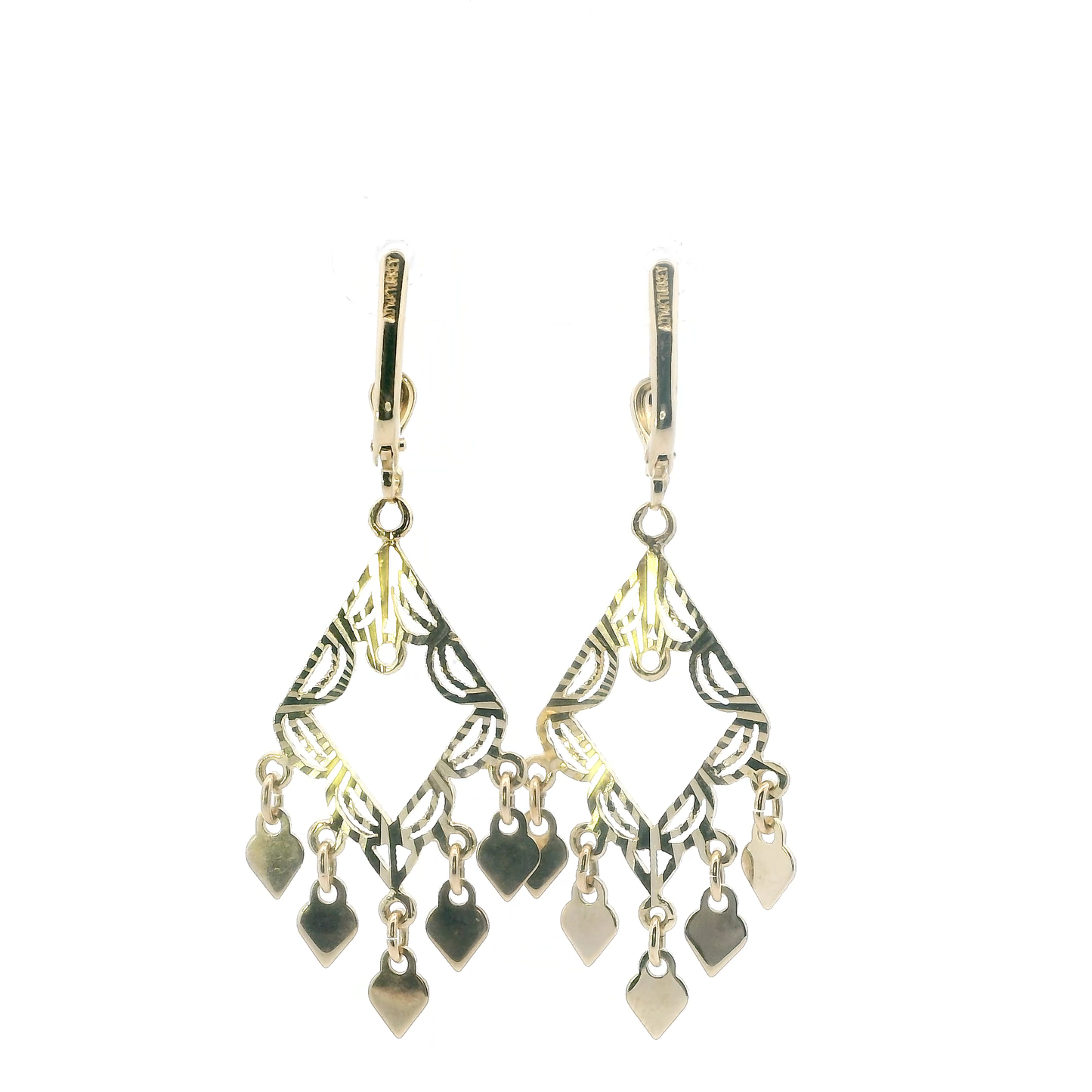 14K Yellow Gold Heart Chandelier Earrings