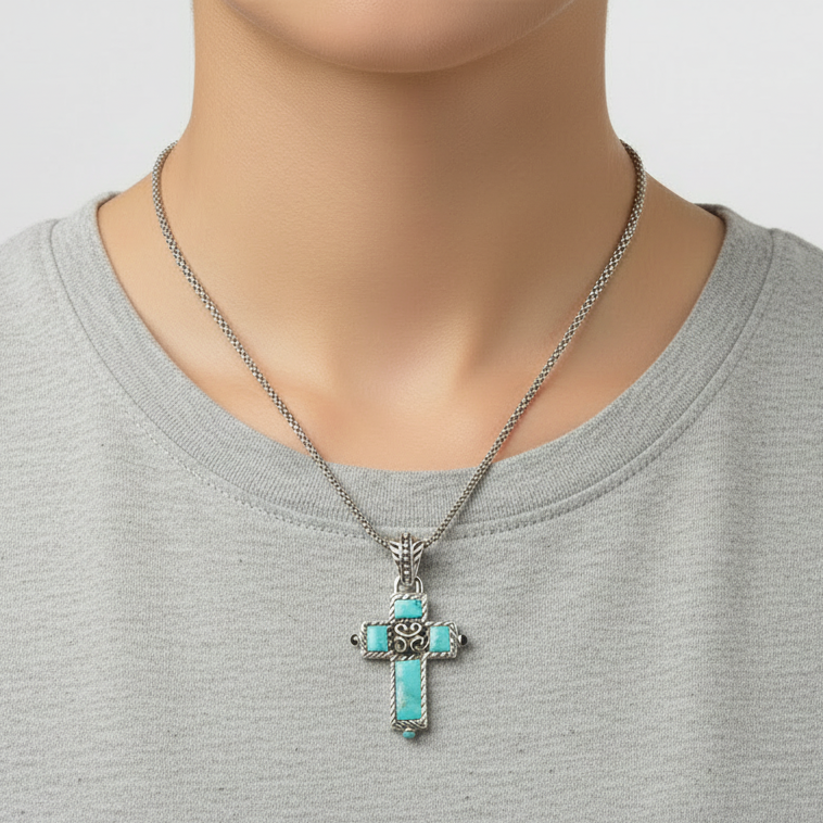 Sterling Silver 20" Beaded Chain W/ Reversible Cross Pendant