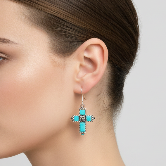 Sterling Silver Sally C Treasures Reversible Cross Turquoise & Onyx Earrings