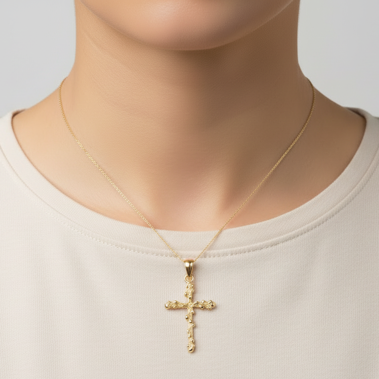 14K Yellow Gold Nugget Cross Pendant