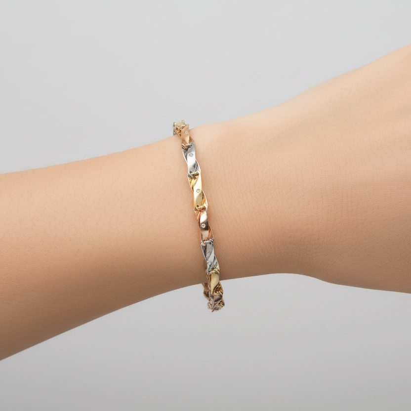 10K Tri Color Gold 7.5" Twist Link Bracelet