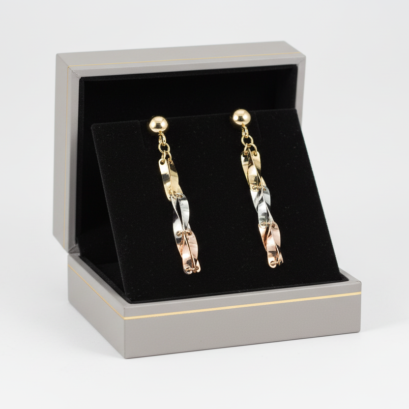10K Tri Color Gold Twisted Dangle Earrings