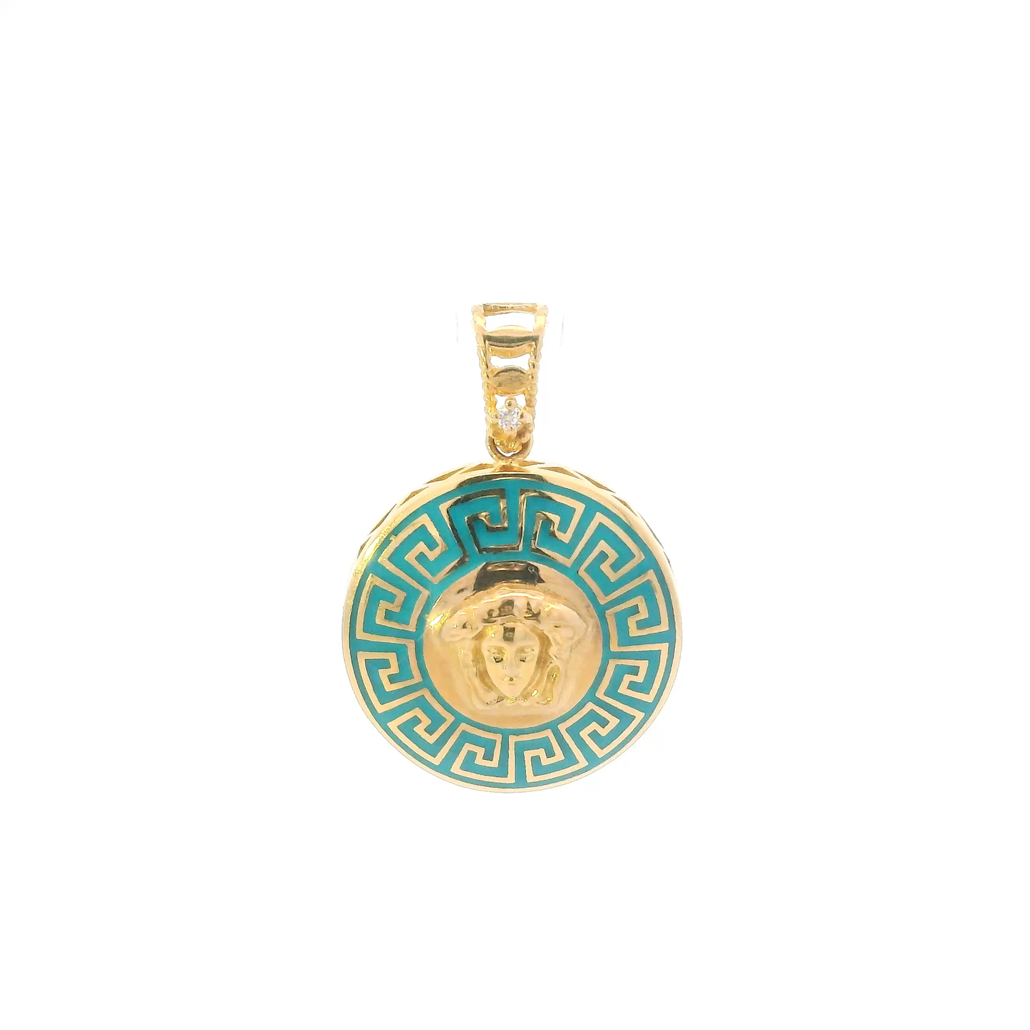 22K Yellow Gold Teal Greek Medusa Pendant
