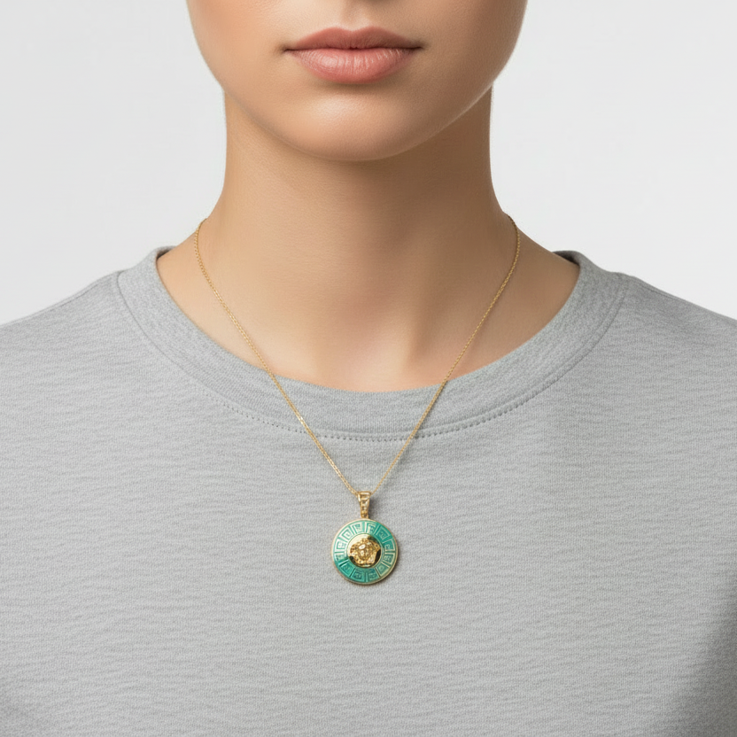 22K Yellow Gold Teal Greek Medusa Pendant