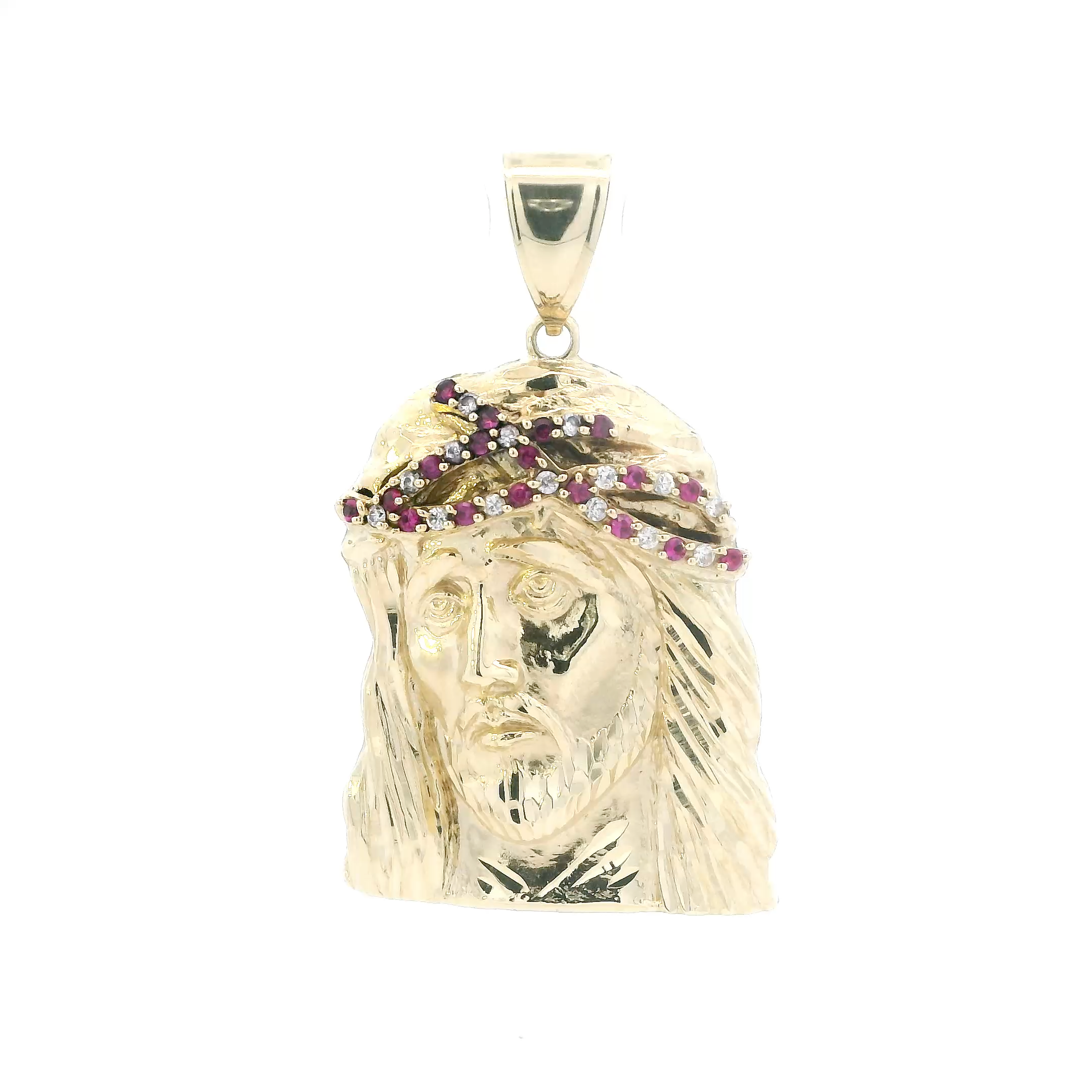 14K Yellow Gold Rubies & CZ Jesus Face Pendant