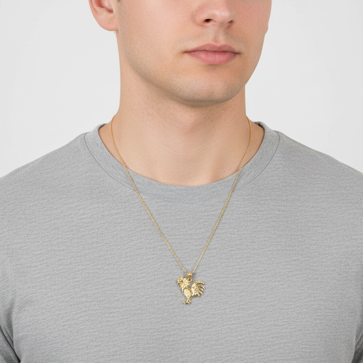 14K Yellow Gold Diamond Cut Rooster Pendant