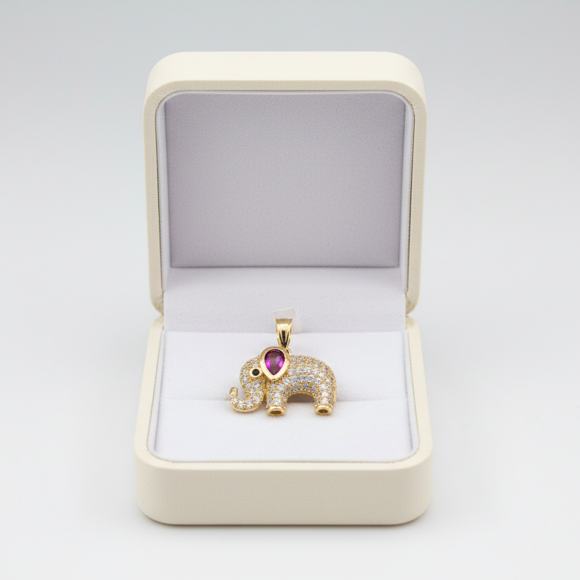 14K Yellow Gold Synthetic Ruby & CZ Elephant Pendant