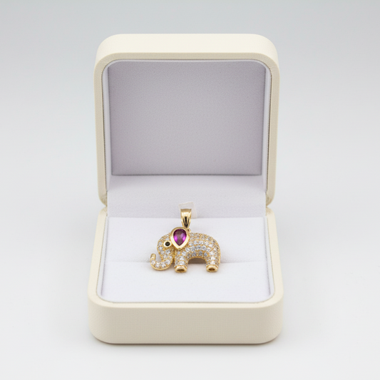 14K Yellow Gold Synthetic Ruby & CZ Elephant Pendant