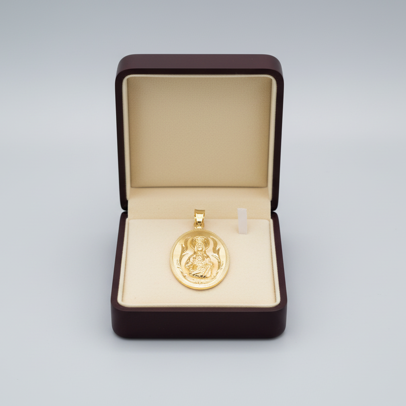 14K Yellow Gold Diamond Cut Oval Religious Figure Pendant