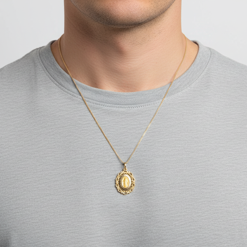 14K Yellow Gold Oval Filigree Religious Pendant