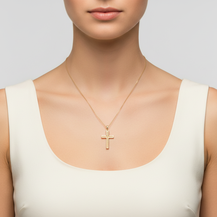 14K Yellow Gold Diamond Cut Textured Cross Pendant