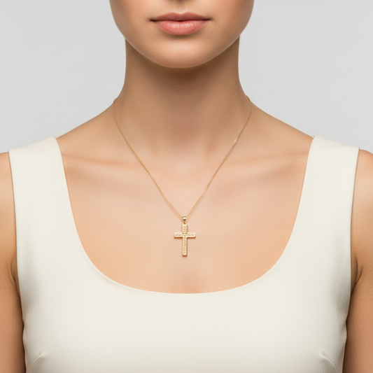 14K Yellow Gold Diamond Cut Textured Cross Pendant