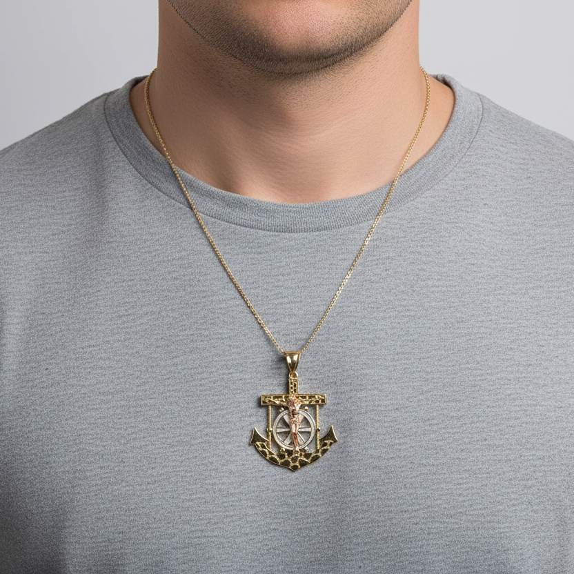 14K Yellow & Rose Gold Nugget Religious Anchor Pendant