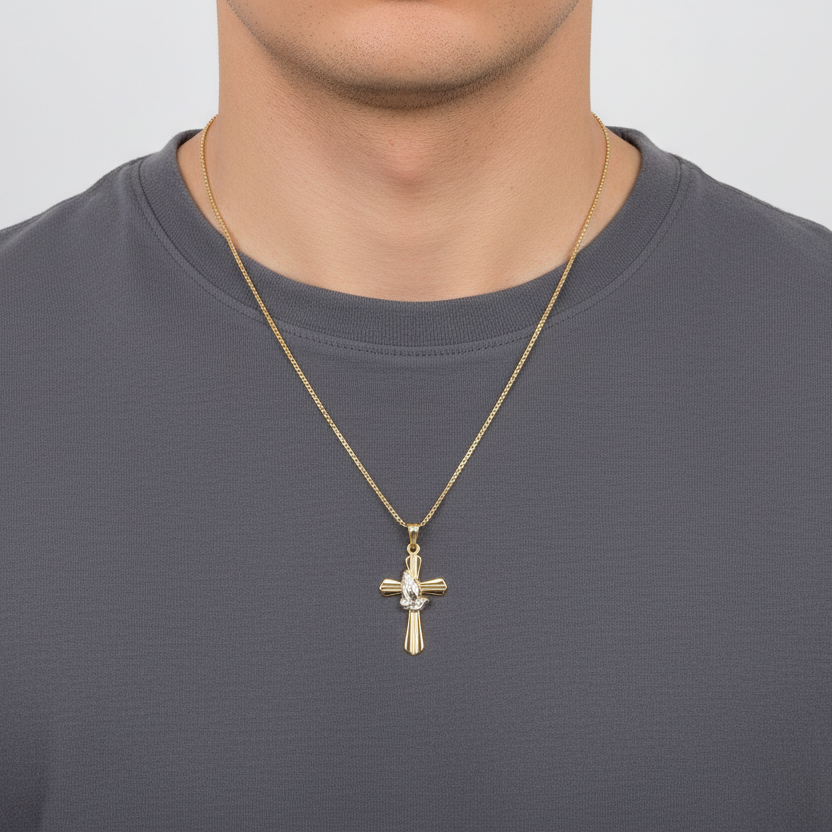14K Yellow & White Gold Praying Hands Cross Pendant