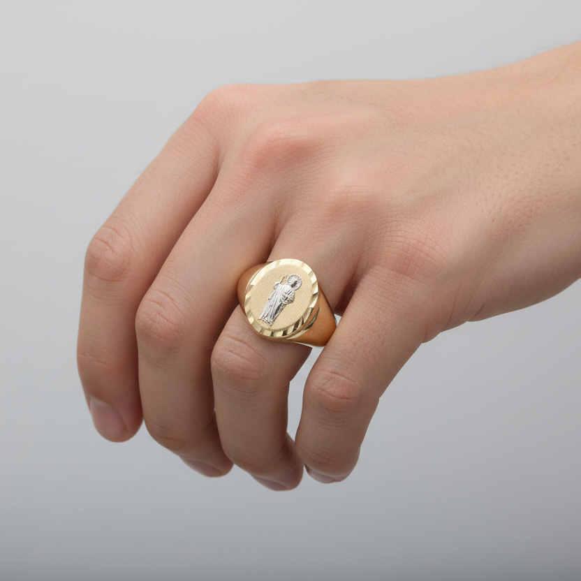 14K Yellow Gold Oval San Judas Mens Ring