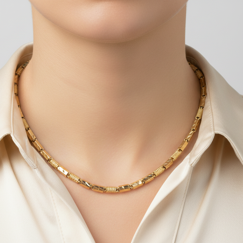 18K Yellow Gold 16.5" Diamond Cut Elongated Bar Chain