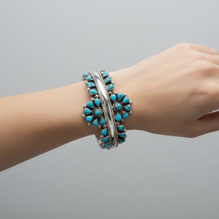 Taxco Mex Cluster Turquoise Flower Cuff Bracelet