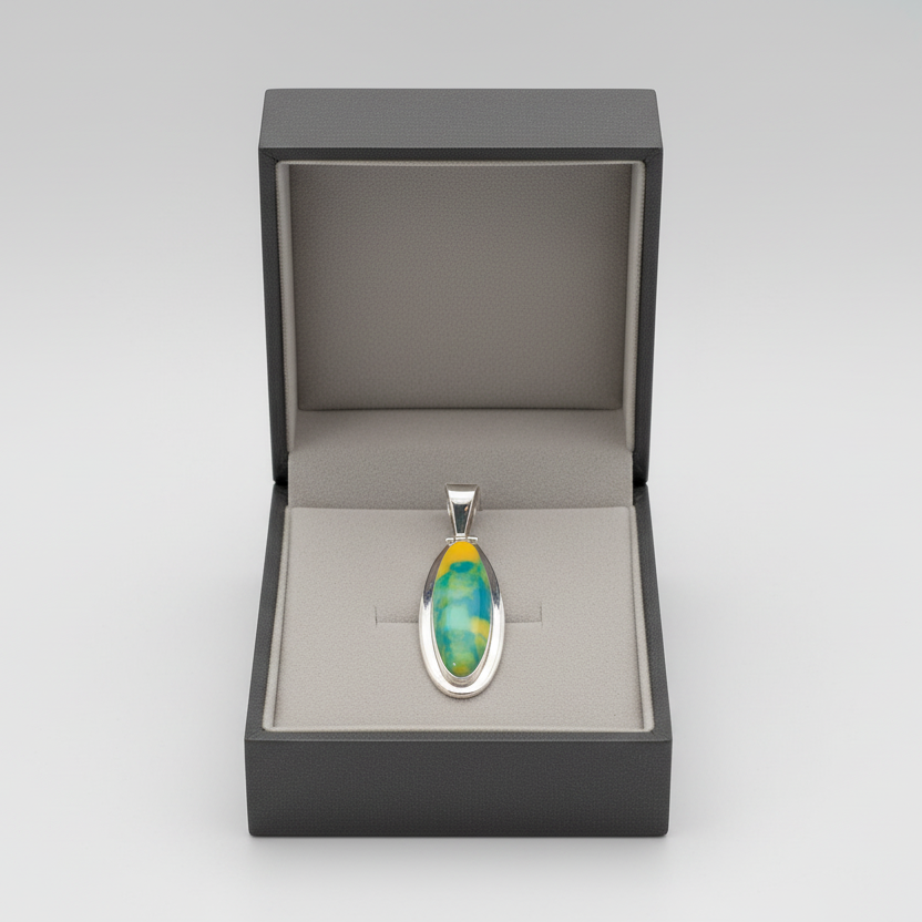 Mexico Sterling Silver Marbled Yellow & Green Turquoise Oblong Pendant