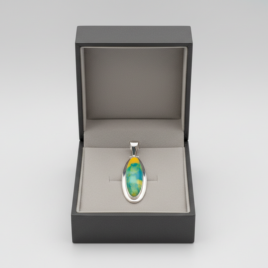 Mexico Sterling Silver Marbled Yellow & Green Turquoise Oblong Pendant
