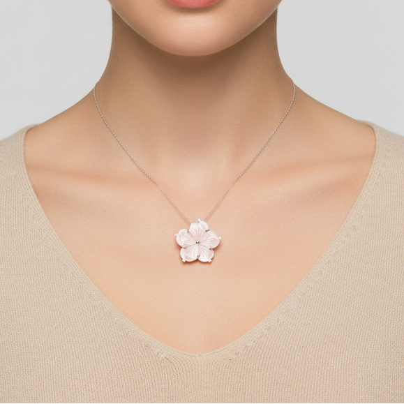 Sterling Silver Mop Pink Flower Pendant