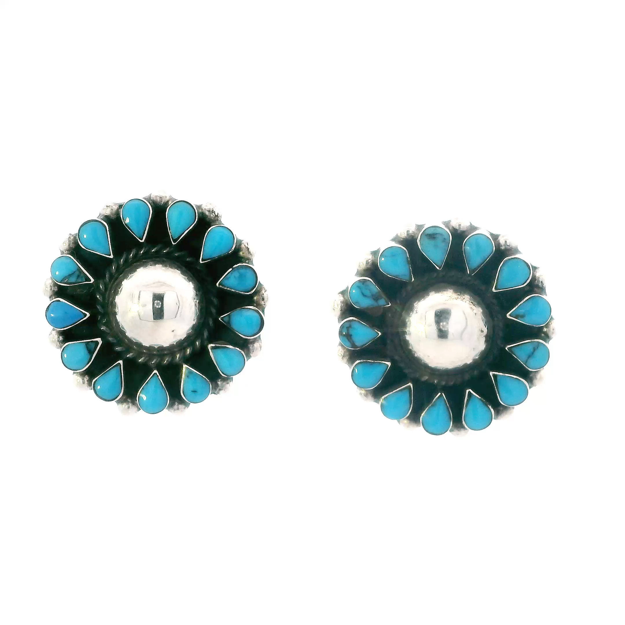 Sterling Silver Taxco Mex Turquoise Round Stud Earrings