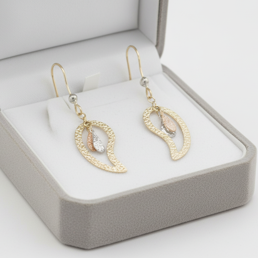 14K Tri Color Gold Triple Droplet Dangle Earrings