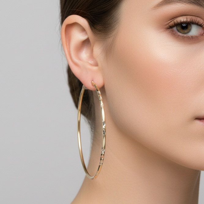 14K Yellow Gold Diamond Cut Design Hoop Earrings