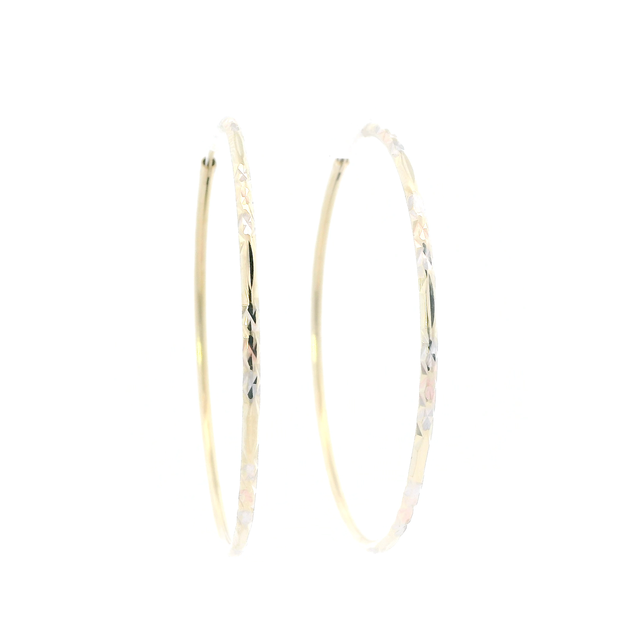 14K Yellow Gold Diamond Cut Design Hoop Earrings