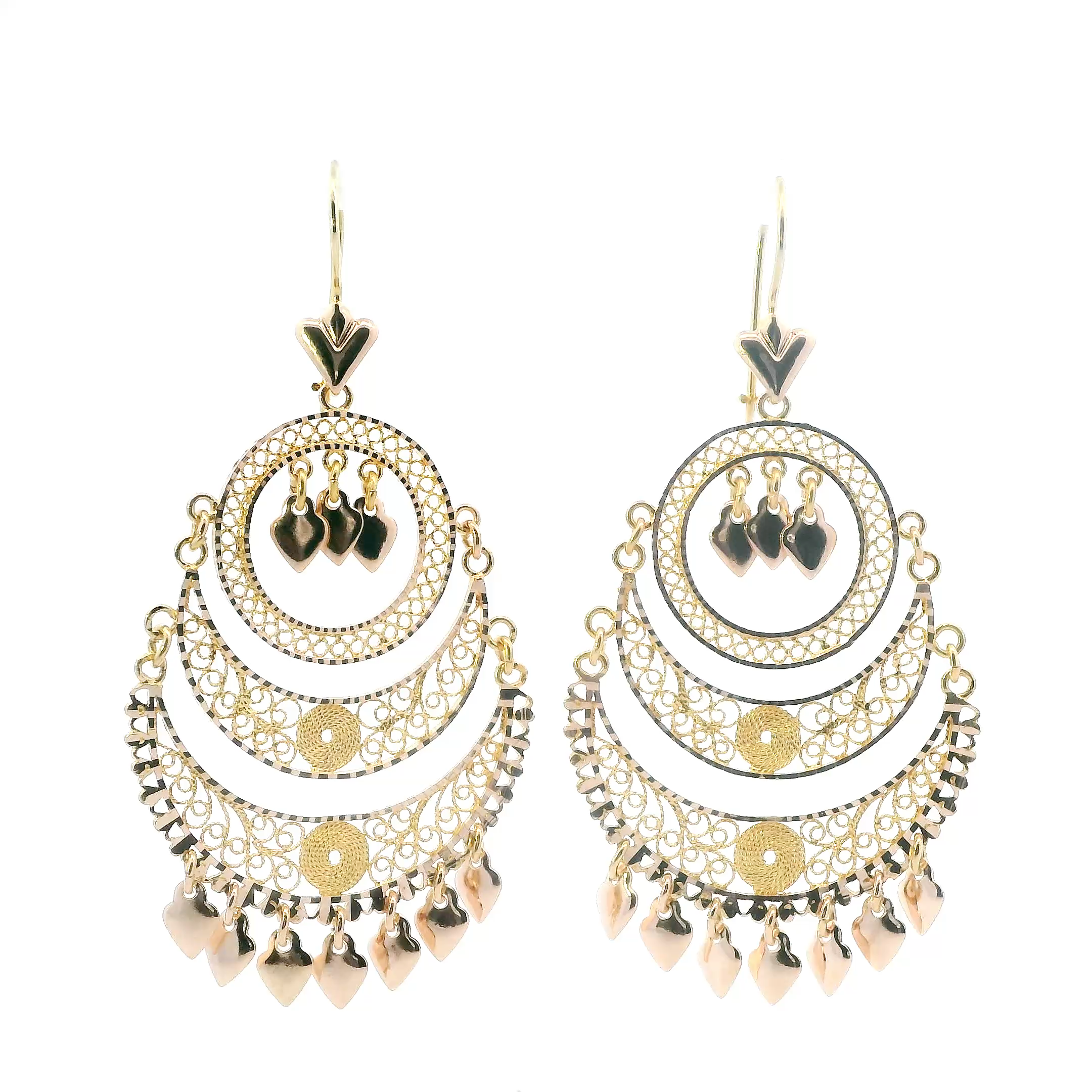 14K Yellow Gold Filigree Chandelier Dangle Hearts Earrings