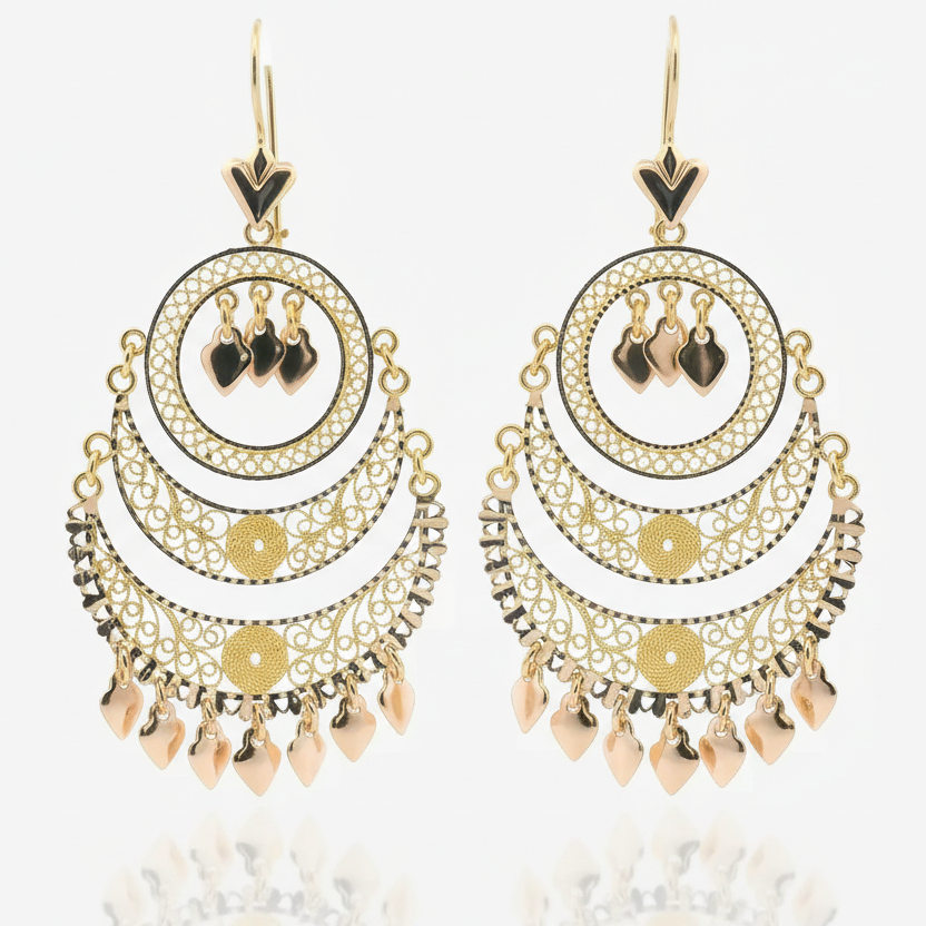 14K Yellow Gold Filigree Chandelier Dangle Hearts Earrings