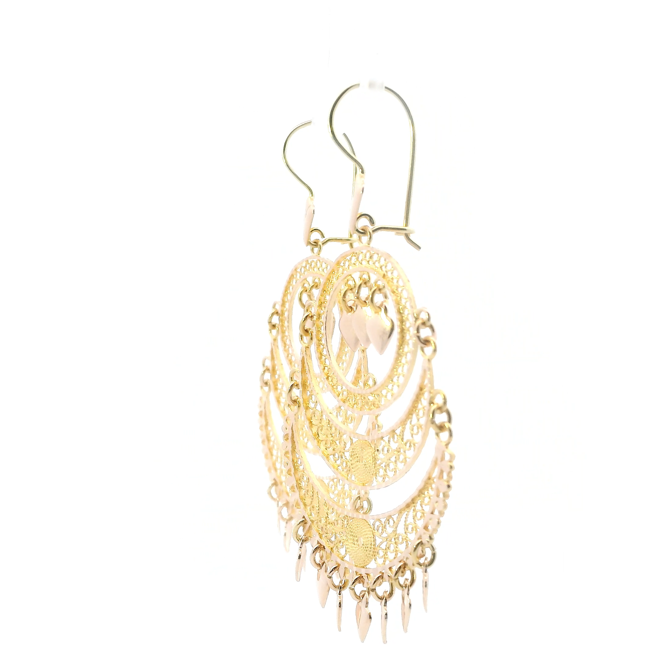 14K Yellow Gold Filigree Chandelier Dangle Hearts Earrings